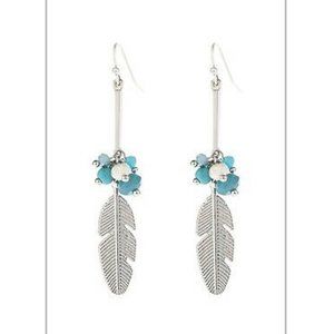NWT Silver Tone Feather, Stone Beads & Fresh Water Pearl Dangle Pierced Earrings